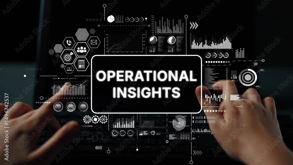 Poster Hands on keyboard analyzing data with digital analytics interface displaying operational insights and performance metrics in a modern workspace. Asymptotic smart data analytic.