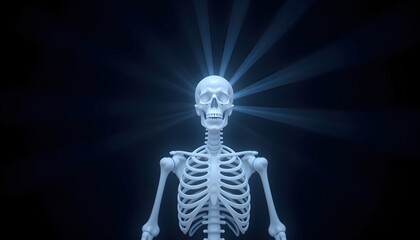 Mixed reality image of a skeleton partially forming through light beam