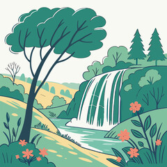 waterfalls landscape with trees and mountains vector.