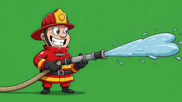 Cartoon Firefighter Extinguishing a Fire with a Hose, Courageous and Cheerful