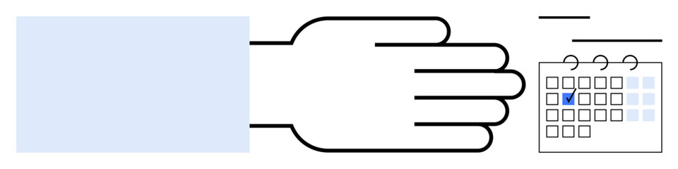 Outstretched hand pointing to a calendar with a blue checked date. Ideal for time management, planning, events, meetings, organization, deadlines, productivity. Flat simple metaphor
