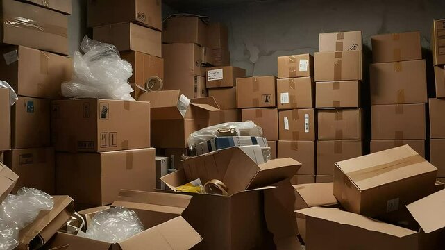 Many Cardboard Boxes In A Dimly Lit Storage Room Warehouse Storage Full Storage Room Inventory Storage Overstocked Items Cluttered Storage Space Boxes Piled High