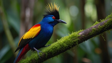 Obraz premium A hyper-realistic photograph of a male Wilson’s bird-of-paradise perched on a mossy branch in a lush rainforest of Papua.