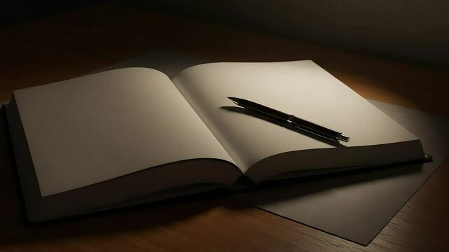 Open Diary Book With Pen On Wooden Surface Under Warm Light