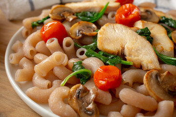 A closeup view of a cassava pasta entree.