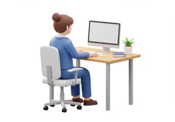 3D Illustration of Cartoon character working at computer isolated on white background