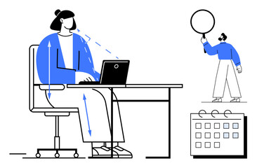 Person working on a laptop at a desk with directional arrows, colleague holding up a sign, and a visible calendar. Ideal for productivity, workflow, teamwork, planning, time management, remote work