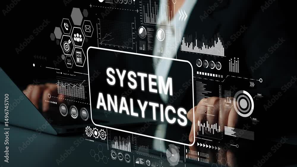 Poster Modern System Analytics Concept with Data Visualization on Digital Interface for Business Insights and Decision-Making. Asymptotic smart data analytic.