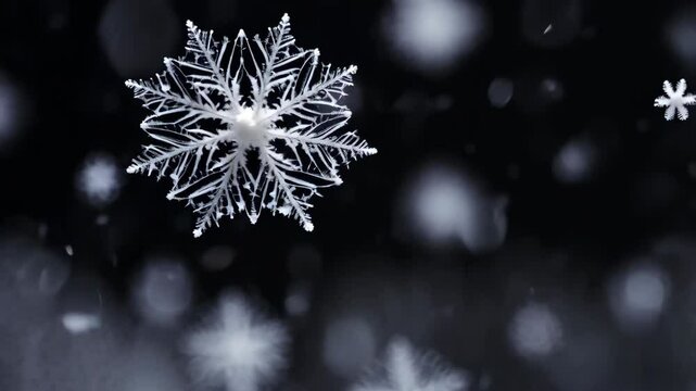 Detailed macro image of intricate snowflake against a blurred dark background featuring floating winter snow crystal formations.