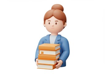 3D Illustration of Cartoon woman holding a stack of books isolated on white background