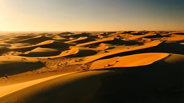 Extensive desert landscape with golden sand dunes stretching to the horizon under a soft orange sky in remote nature.