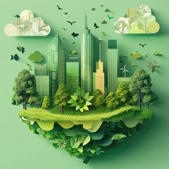 Green business solutions depicted with eco-friendly companies using sustainable practices, renewable energy sources, and environmentally conscious products to reduce carbon footprints and attract
