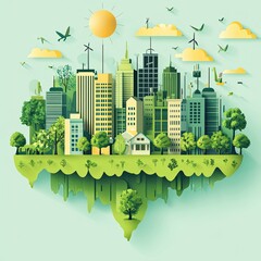 Green business solutions depicted with eco-friendly companies using sustainable practices, renewable energy sources, and environmentally conscious products to reduce carbon footprints and attract