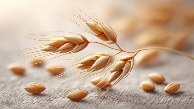 High-detail macro shot of pale golden barley grains, natural arrangement with soft ambient light - Powered by Adobe