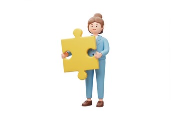 3D Illustration of Businesswoman holding a yellow puzzle piece isolated on white background
