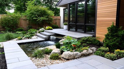 Obraz premium Modern backyard with a pond, waterfall, stone path, lush plants, and wooden siding beside glass doors.