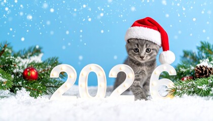Christmas background 2026 and kitten in Santa's hat. Christmas card 2026. Falling snowflakes. Cat in Santa Clause hat.