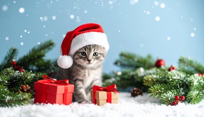 Christmas background with snowflakes. Kitten with Santa's hat. Blue Christmas background with snowflakes, gifts, Christmas tree branches.