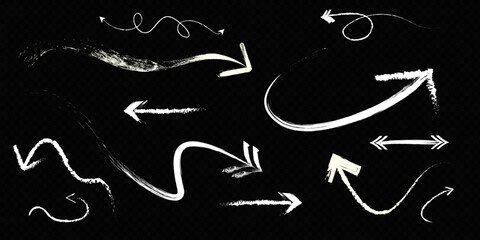 Collection of hand drawn arrows on transparent background. Chalk arrow. Realistic direction arrows. Vector illustration