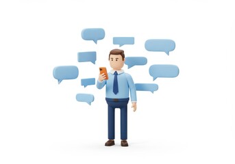 3D Illustration of Cartoon man using phone surrounded by speech bubbles isolated on white background
