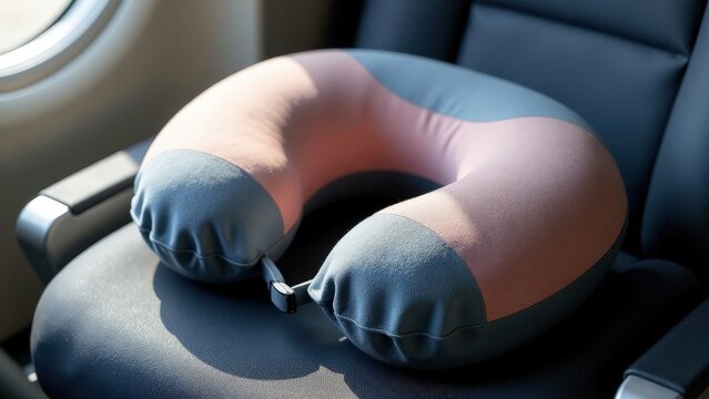Comfortable u-shape neck pillow on airplane seat by window.