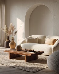 Cozy living room featuring a soft sofa, wooden coffee table, and decorative vases with natural elements