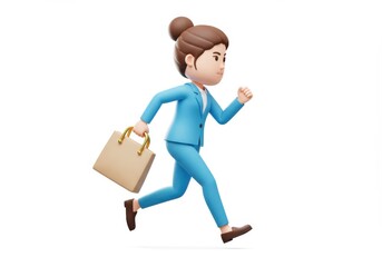 3D Illustration of Cartoon businesswoman running with shopping bag isolated on white background