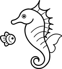Single Seahorse With Fish Line Art Vector Illustration