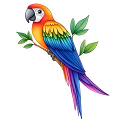 Obraz premium Vibrant Scarlet Macaw Parrot on Branch with Lush Green Leaves Tropical Bird Illustration