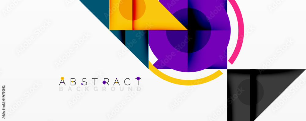 Poster geometric shapes overlap, creating vibrant abstract composition. yellow, purple, teal dominate white
