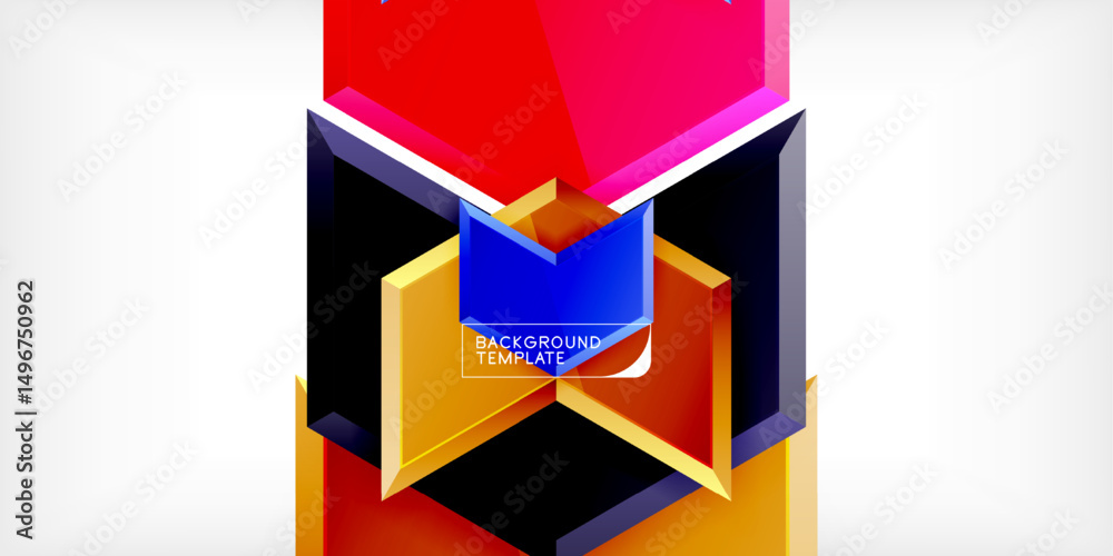 Poster abstract geometric design. vibrant layers create depth, using red, blue, orange hues. modern templat