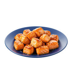 Fototapeta premium A vibrant plate of glazed salmon cubes garnished with sesame seeds, ready to serve