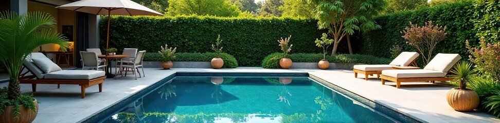 Serene poolside landscape design featuring lush greenery, elegant patio furniture, and a sparkling blue pool  Perfect for relaxation and outdoor entertaining ,  irrigation, swimming pool,  tropical