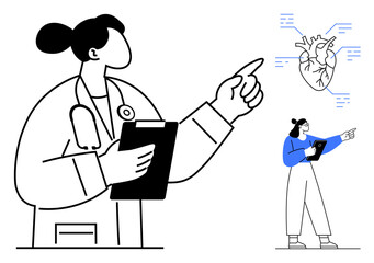 Doctor holding clipboard, pointing at a digital heart display with annotations. Ideal for healthcare, cardiology, education, technology, teamwork, medical apps, simple landing page