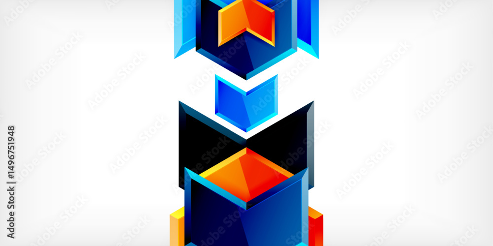 Poster abstract geometric design. stacked shapes create upward pointing arrow. blue, orange, black colors d