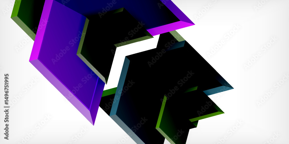 Poster abstract geometric shapes overlap, creating dynamic visual effect. purple, green, blue hues dominate