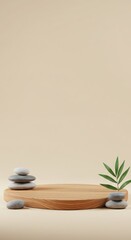 Zen spa stones and towel on bamboo mat with natural elements for relaxation and wellness