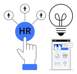 Hand interacts with HR button connecting to employees, lightbulb for innovation, app interface for management. Ideal for HR, technology, innovation, networking, job search, professional growth flat