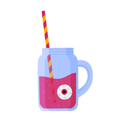 Halloween drink with floating eyeball in a glass jar and striped straw. Funny and spooky beverage concept. Vector illustration in cartoon style.