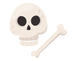 Skull and bone isolated on white background. Minimalist flat with spooky but playful mood. Halloween concept. Vector illustration in cartoon style
