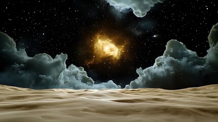 Dramatic Desert Landscape Under Starry Night Sky with Nebula Golden Cosmic Cloudscape