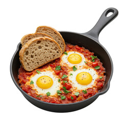 Delicious shakshuka served in a skillet with toasted bread on the side