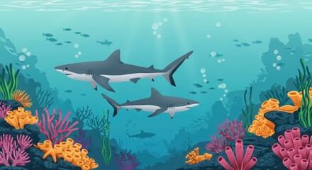 Obraz premium Two sharks swimming in underwater world among coral reef