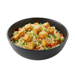Delicious bowl of sesame tofu with quinoa and colorful vegetables on display