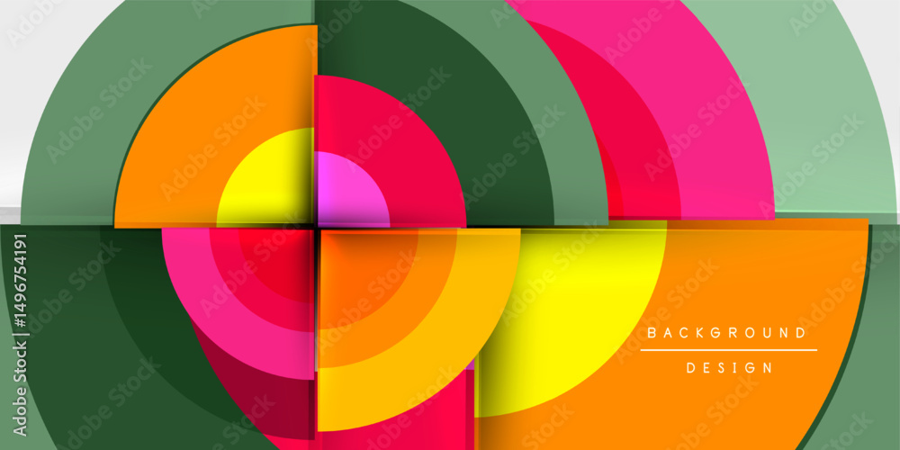 Poster Abstract geometric composition. Overlapping circles, vibrant colors, modern design elements create dynamic visual impact. Black background enhances contrast.