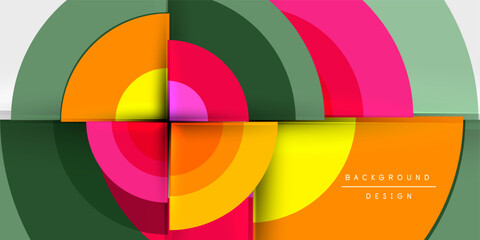 Abstract geometric composition. Overlapping circles, vibrant colors, modern design elements create dynamic visual impact. Black background enhances contrast.