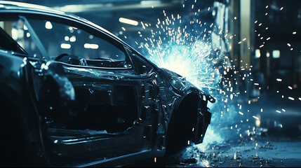 Welding Process on Car Body in Industrial Setting