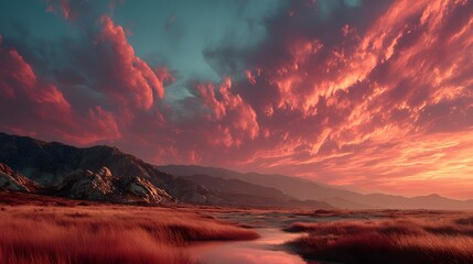 Naklejka premium Dramatic Sunset Landscape Vibrant Red Sky over Mountains and Grasslands