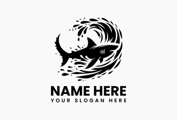Bold predatory shark silhouette cutting through stylized water splashes in monochrome vector. Marine life emblem  