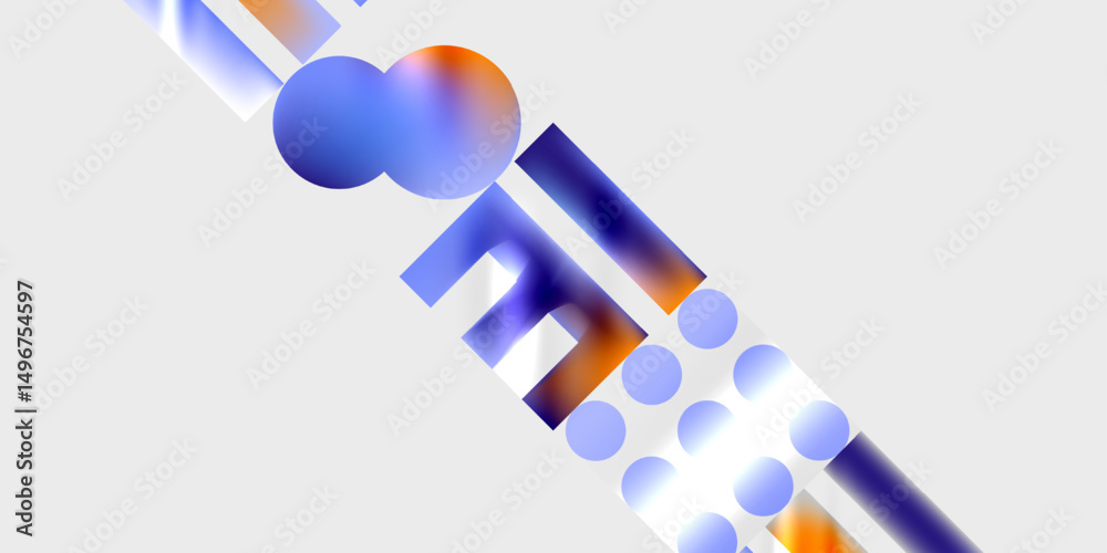 Poster abstract composition featuring vibrant blue, purple, orange hues. spheres, rectangles create dynamic